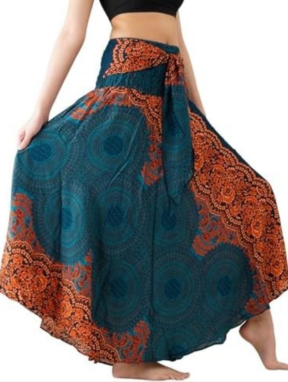 BANGKOK PANTS Aymmetrical Skirt Women's XL Tie Front Smocked Waist Lined Mandala